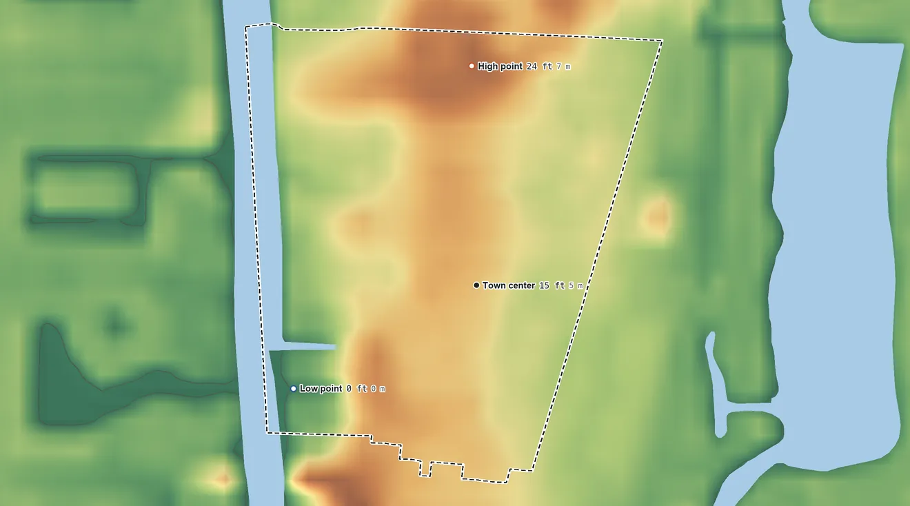 Topographic elevation map of Juno Ridge, Florida, shaded from sea level level on Holmes Harbor to 24 ft on the north side