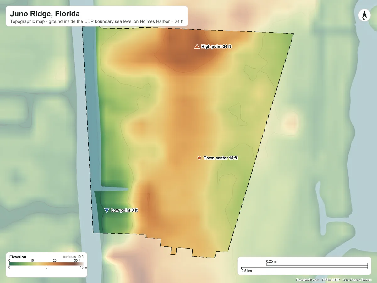Topographic elevation map of Juno Ridge, Florida, shaded from sea level level on Holmes Harbor to 24 ft on the north side