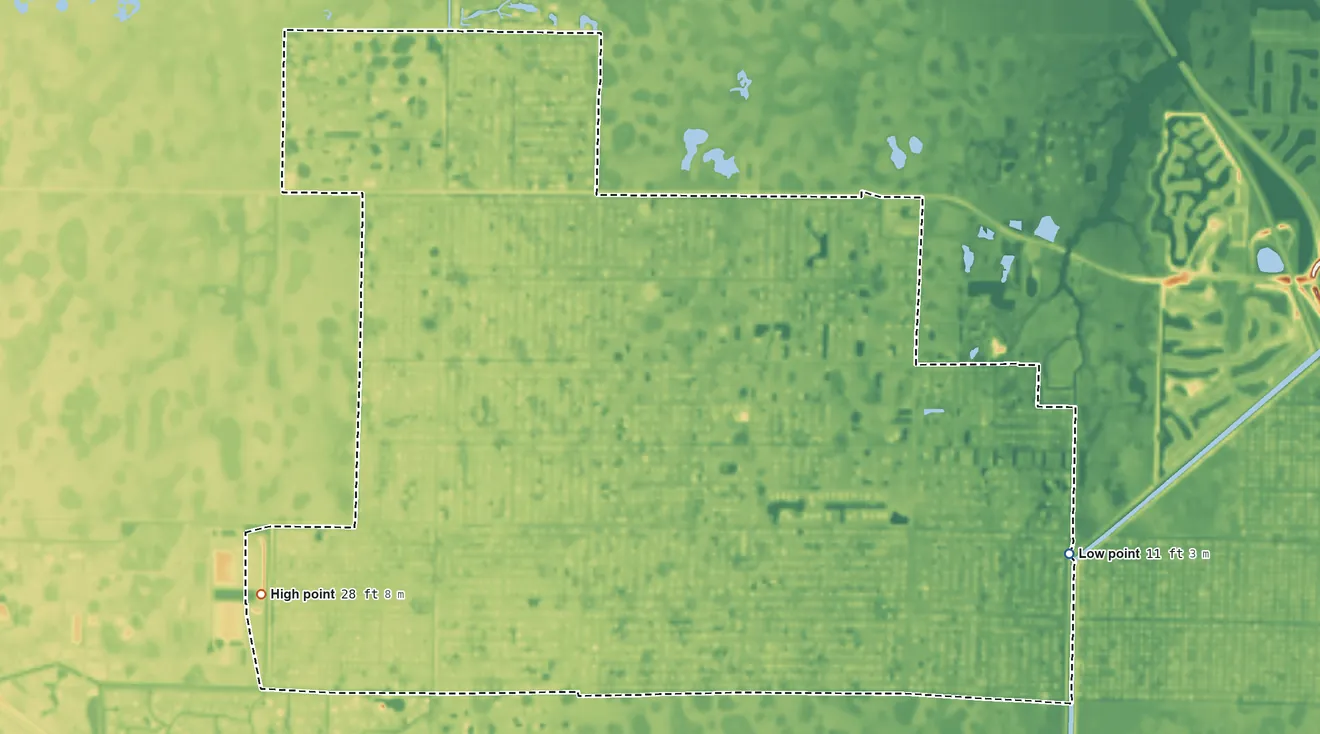 Topographic elevation map of Jupiter Farms, Florida, shaded from 11 ft on the east side to 28 ft on the southwest side