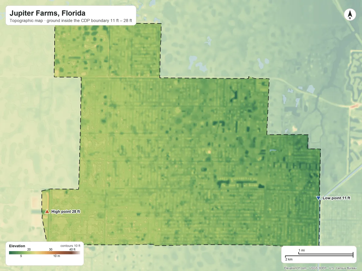 Topographic elevation map of Jupiter Farms, Florida, shaded from 11 ft on the east side to 28 ft on the southwest side