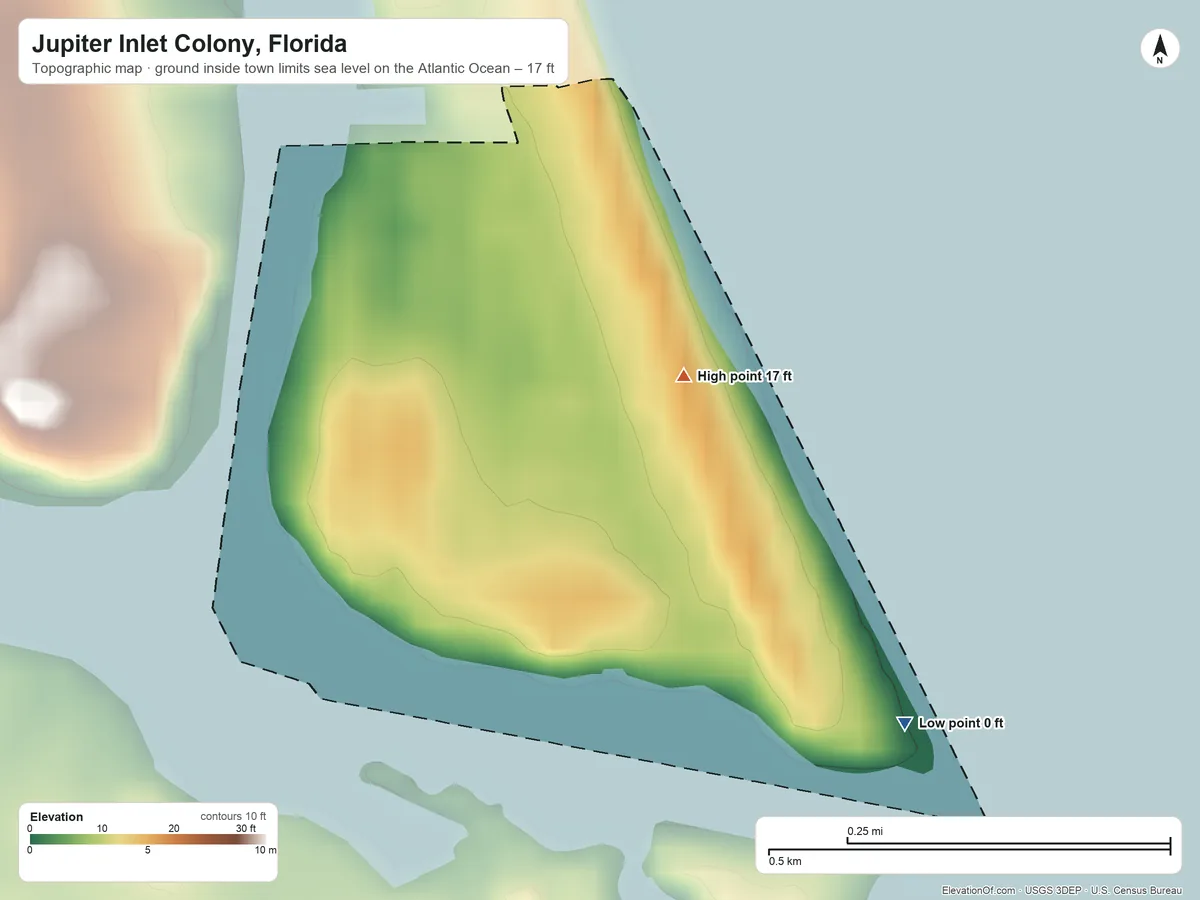 Topographic elevation map of Jupiter Inlet Colony, Florida, shaded from sea level level on the Atlantic Ocean to 17 ft on the northeast side