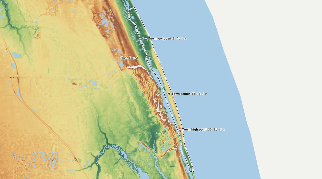 Topographic elevation map of Jupiter Island, Florida, shaded from sea level level on the Atlantic Ocean to 35 ft on the south side