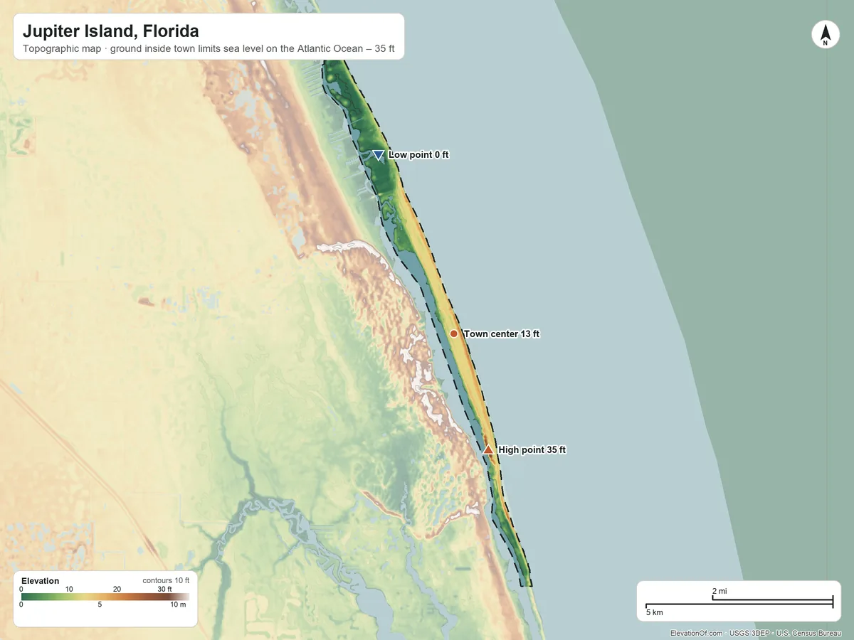 Topographic elevation map of Jupiter Island, Florida, shaded from sea level level on the Atlantic Ocean to 35 ft on the south side