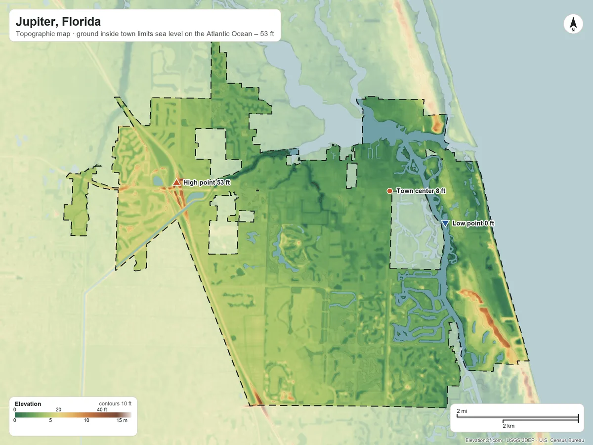 Topographic elevation map of Jupiter, Florida, shaded from sea level level on the Atlantic Ocean to 53 ft on the west side