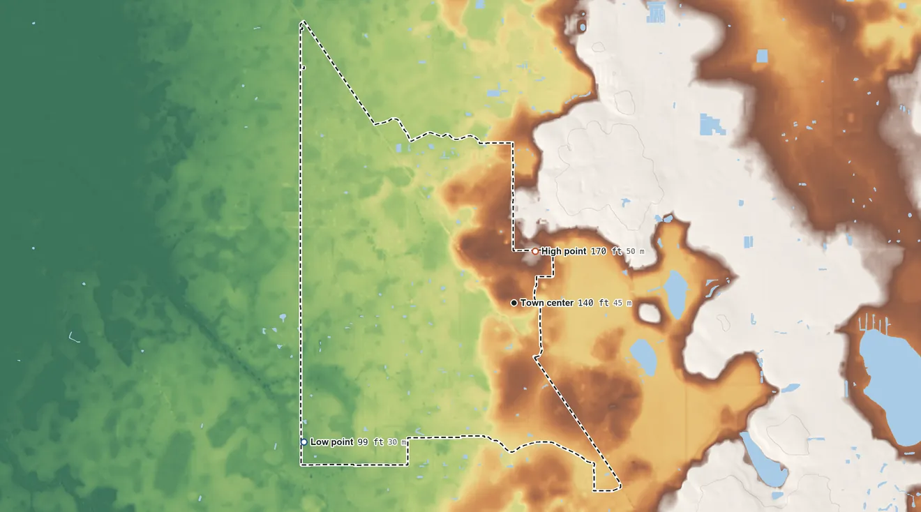 Topographic elevation map of Kathleen, Florida, shaded from 99 ft on the southwest side to 170 ft near the middle