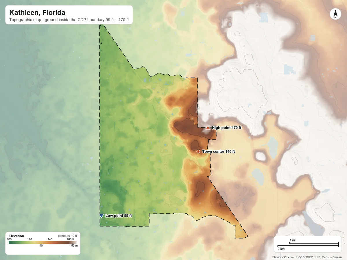 Topographic elevation map of Kathleen, Florida, shaded from 99 ft on the southwest side to 170 ft near the middle