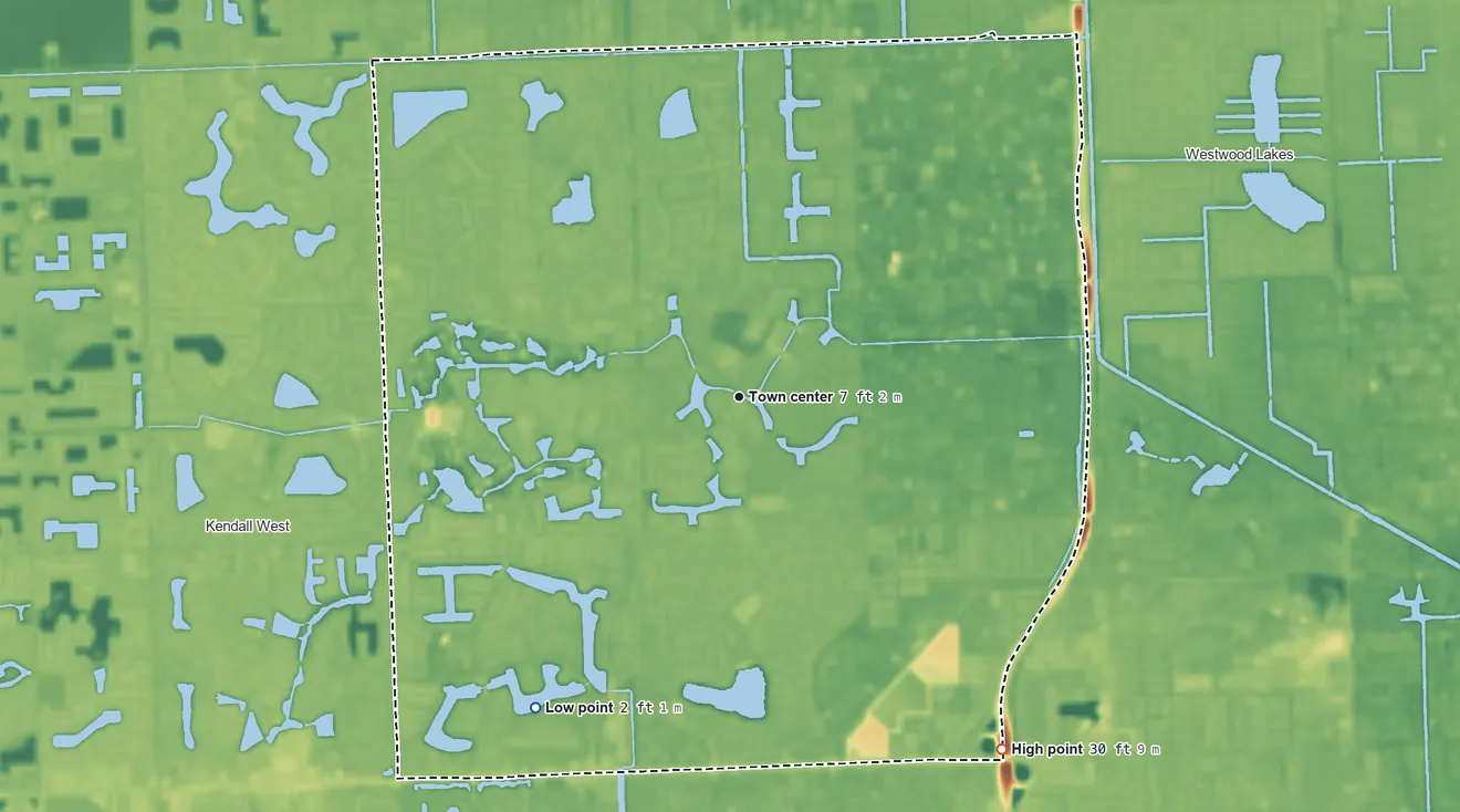 Topographic elevation map of Kendale Lakes, Florida, shaded from 2 ft on the southwest side to 30 ft on the southeast side