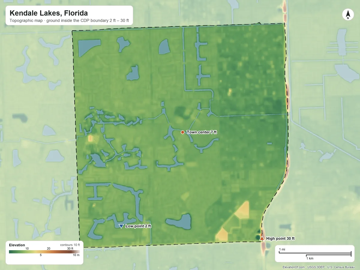 Topographic elevation map of Kendale Lakes, Florida, shaded from 2 ft on the southwest side to 30 ft on the southeast side