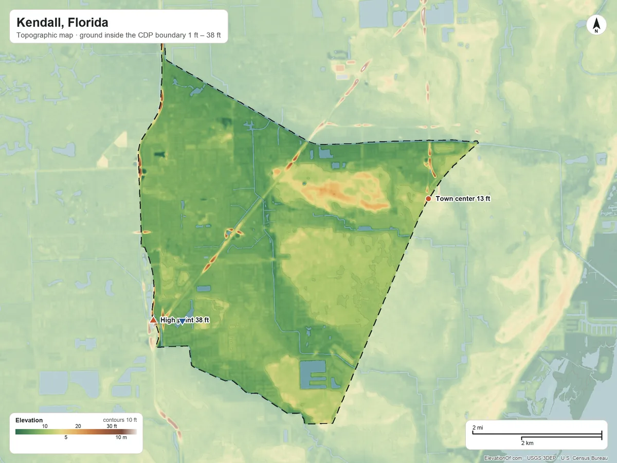 Topographic elevation map of Kendall, Florida, shaded from 1 ft on the southwest side to 38 ft on the southwest side
