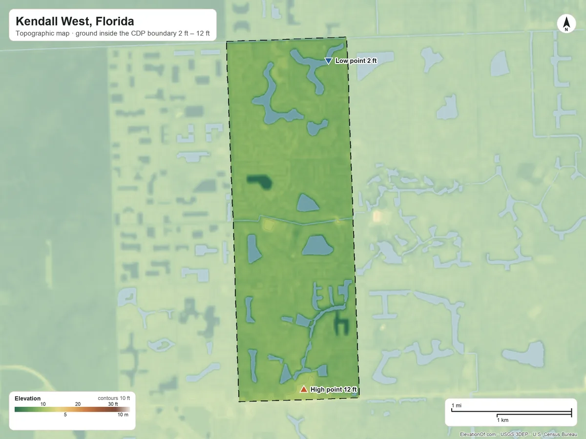 Topographic elevation map of Kendall West, Florida, shaded from 2 ft on the north side to 12 ft on the south side