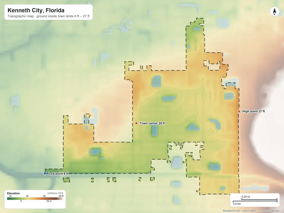 Topographic elevation map of Kenneth City, Florida, shaded from 8 ft on the southwest side to 27 ft on the east side
