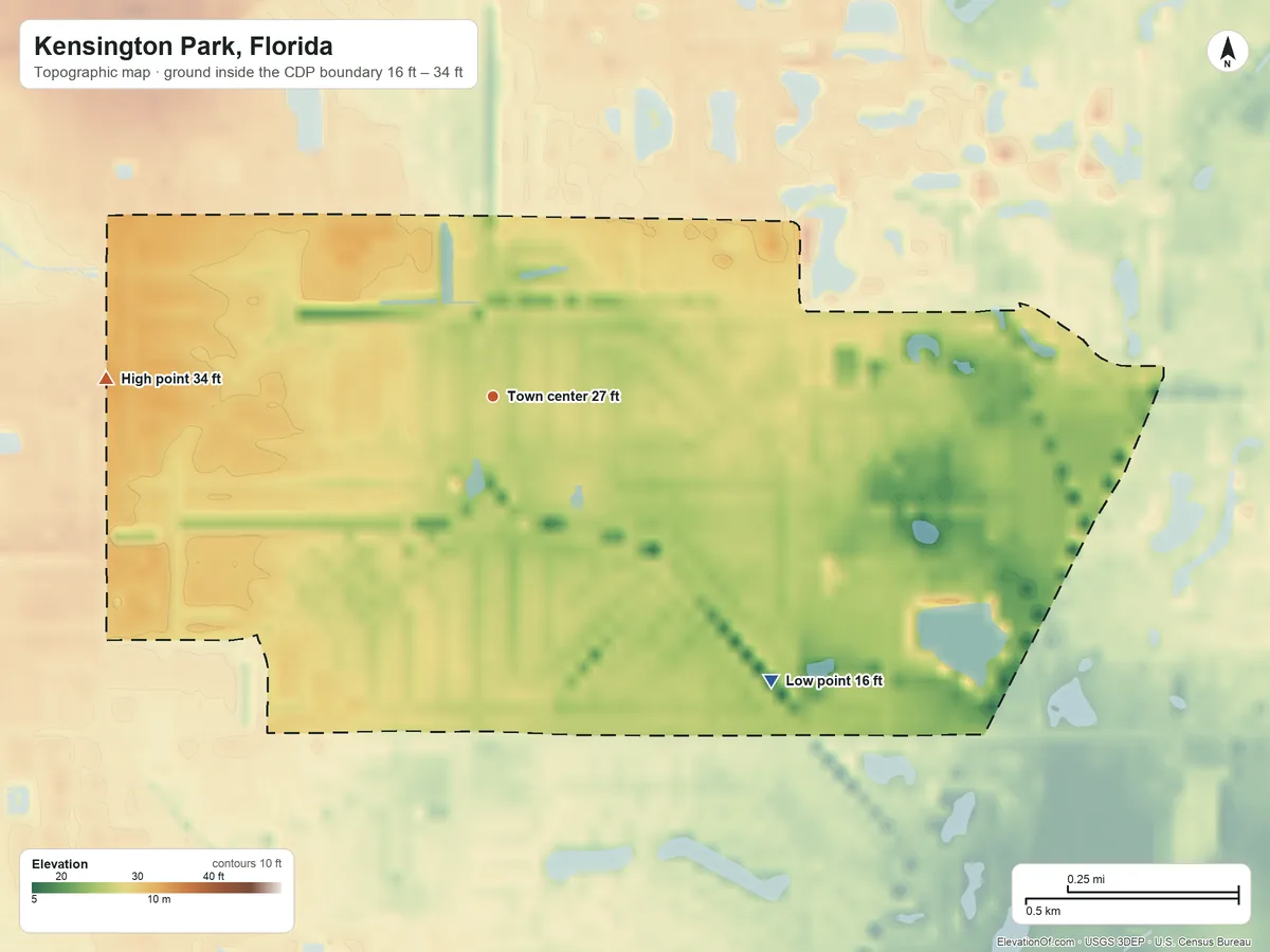 Topographic elevation map of Kensington Park, Florida, shaded from 16 ft on the southeast side to 34 ft on the west side