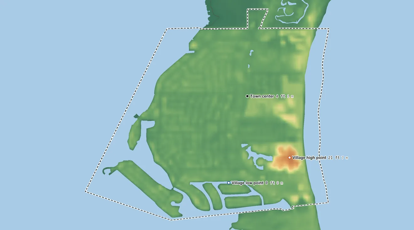 Topographic elevation map of Key Biscayne, Florida, shaded from sea level level on Biscayne Bay to 21 ft on the southeast side