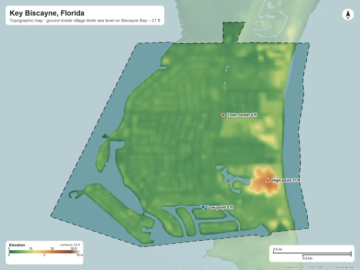 Topographic elevation map of Key Biscayne, Florida, shaded from sea level level on Biscayne Bay to 21 ft on the southeast side