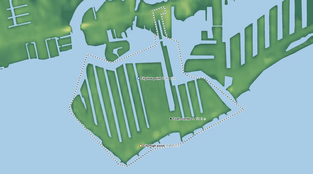 Topographic elevation map of Key Colony Beach, Florida, shaded from sea level level on the Atlantic Ocean to 7 ft on the southwest side