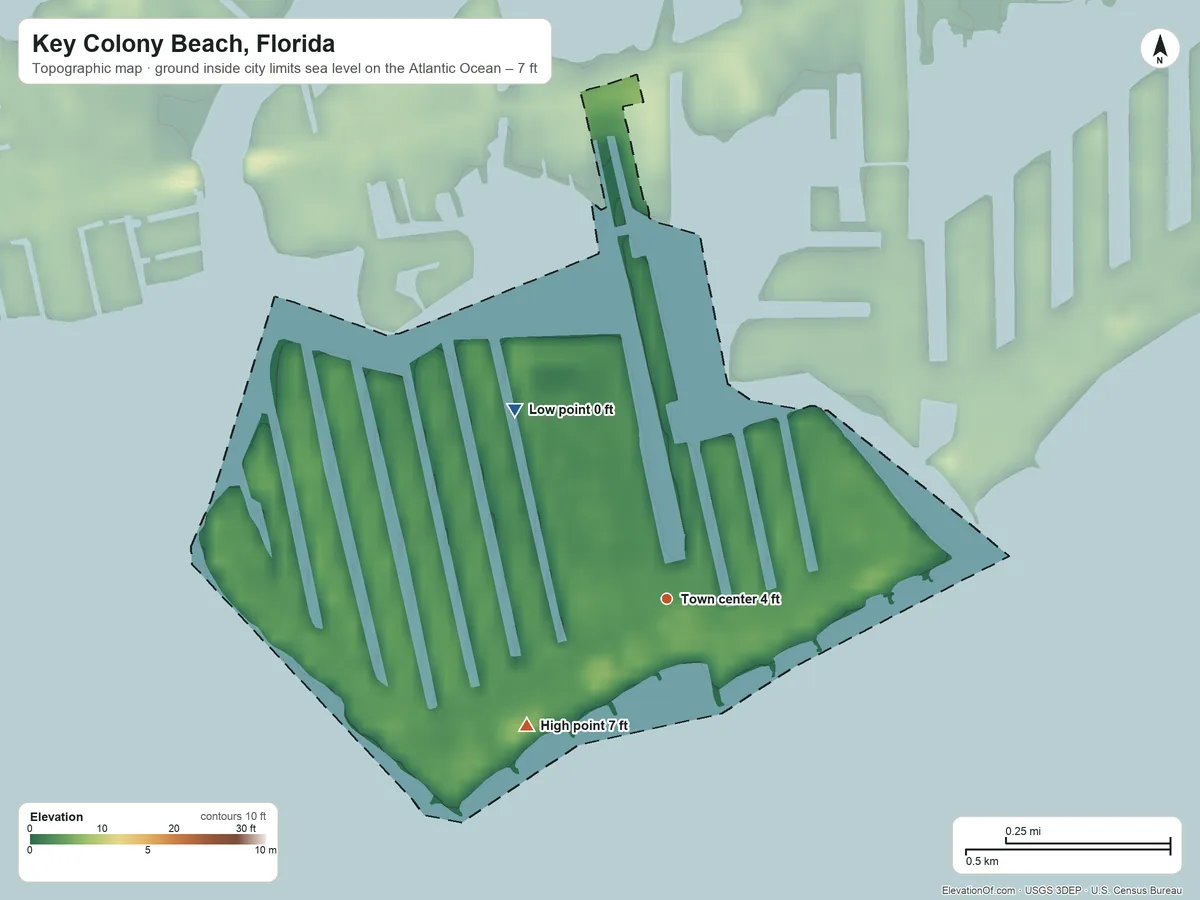 Topographic elevation map of Key Colony Beach, Florida, shaded from sea level level on the Atlantic Ocean to 7 ft on the southwest side