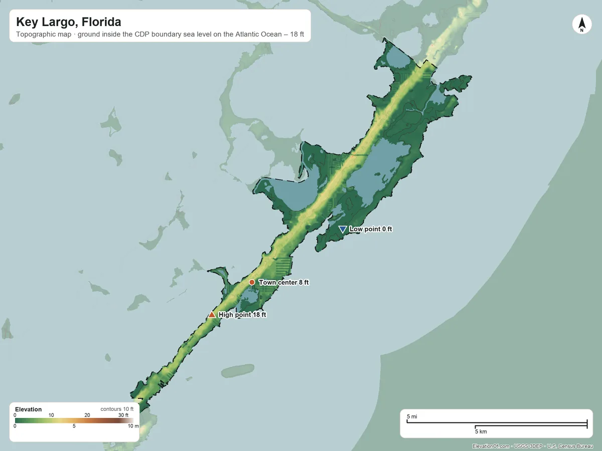 Topographic elevation map of Key Largo, Florida, shaded from sea level level on the Atlantic Ocean to 18 ft on the southwest side
