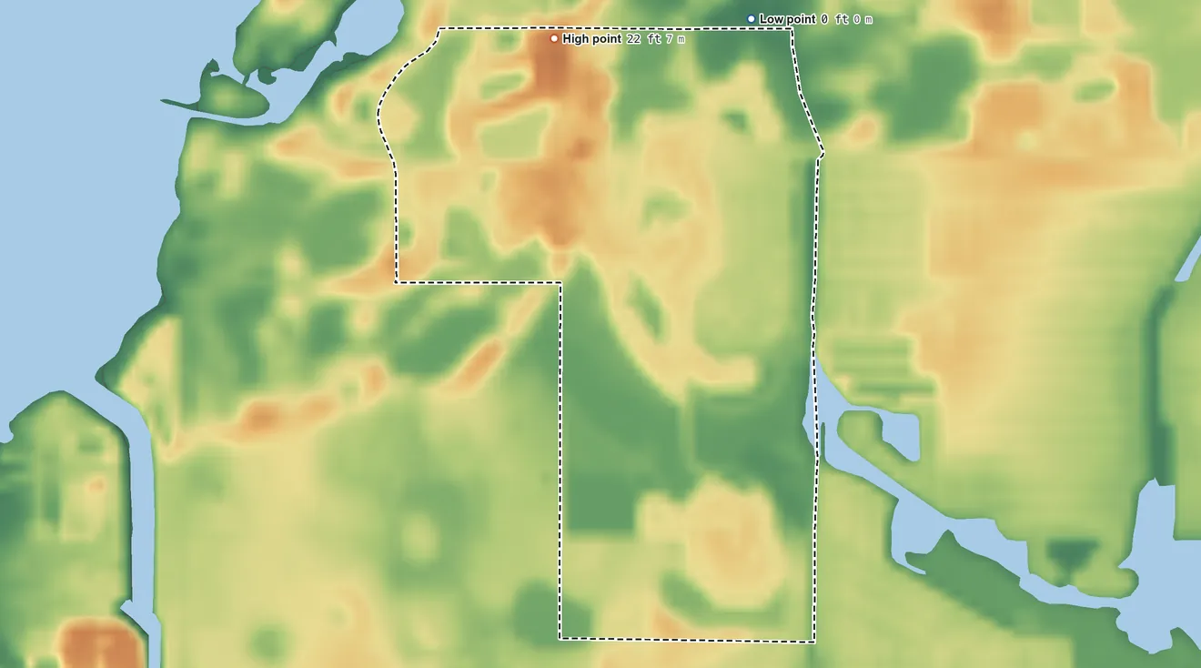 Topographic elevation map of Key Vista, Florida, shaded from sea level level on the Gulf of America to 22 ft on the north side