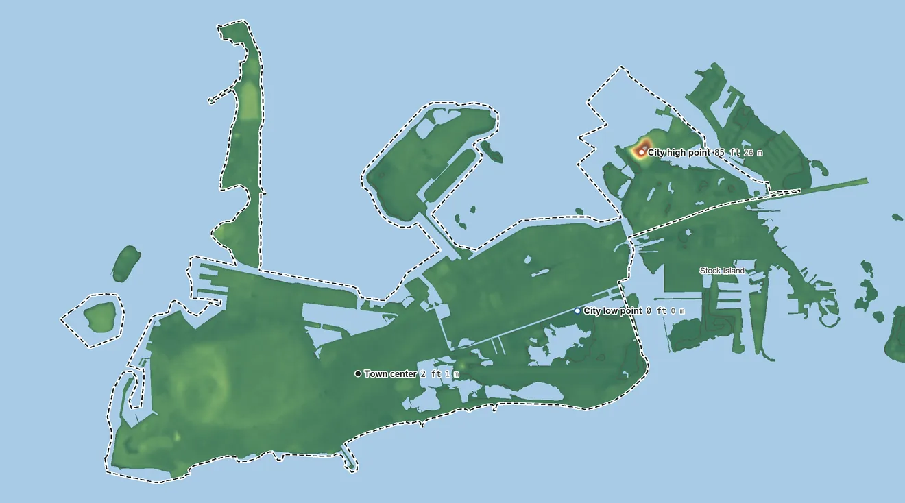 Topographic elevation map of Key West, Florida, shaded from sea level level on the Cow Key Channel to 85 ft on the northeast side