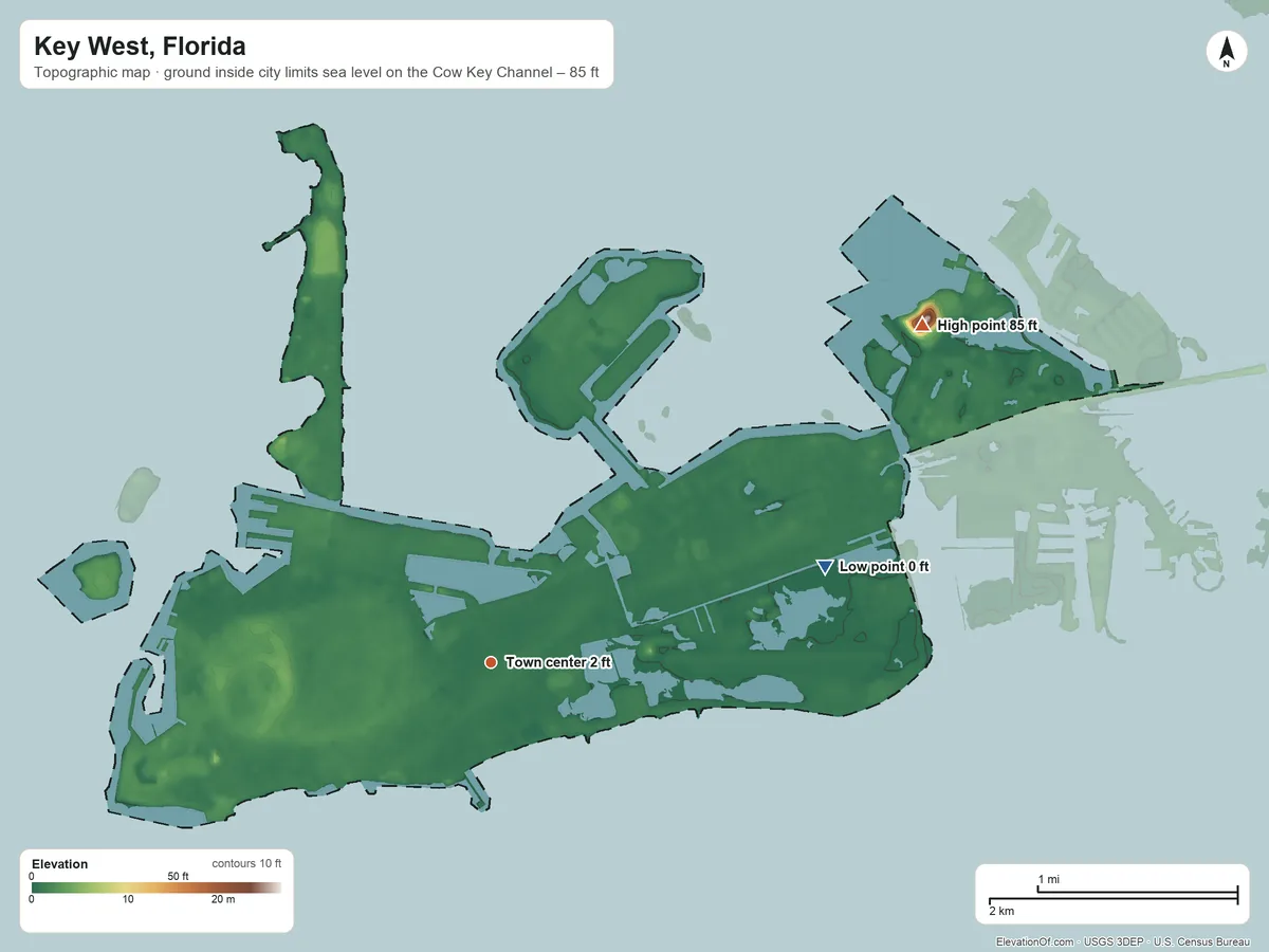 Topographic elevation map of Key West, Florida, shaded from sea level level on the Cow Key Channel to 85 ft on the northeast side