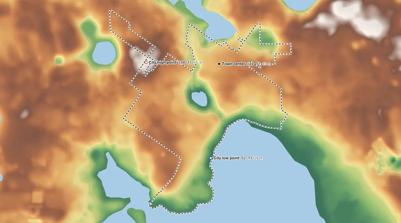 Topographic elevation map of Keystone Heights, Florida, shaded from 92 ft on the south side to 180 ft on the west side