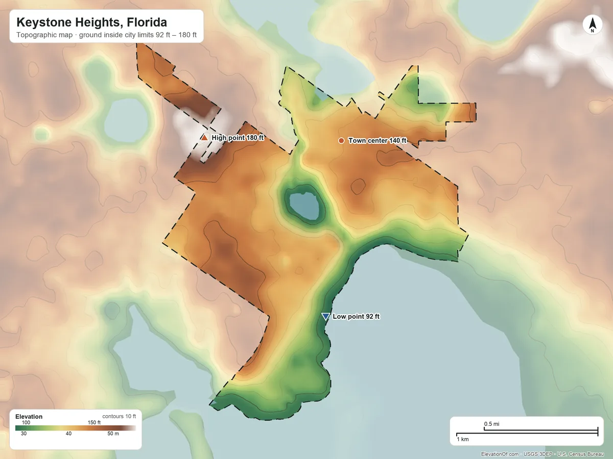 Topographic elevation map of Keystone Heights, Florida, shaded from 92 ft on the south side to 180 ft on the west side