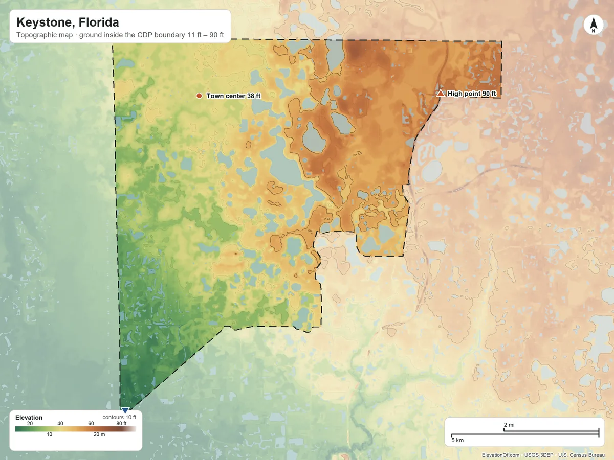 Topographic elevation map of Keystone, Florida, shaded from 11 ft on the south side to 90 ft on the east side