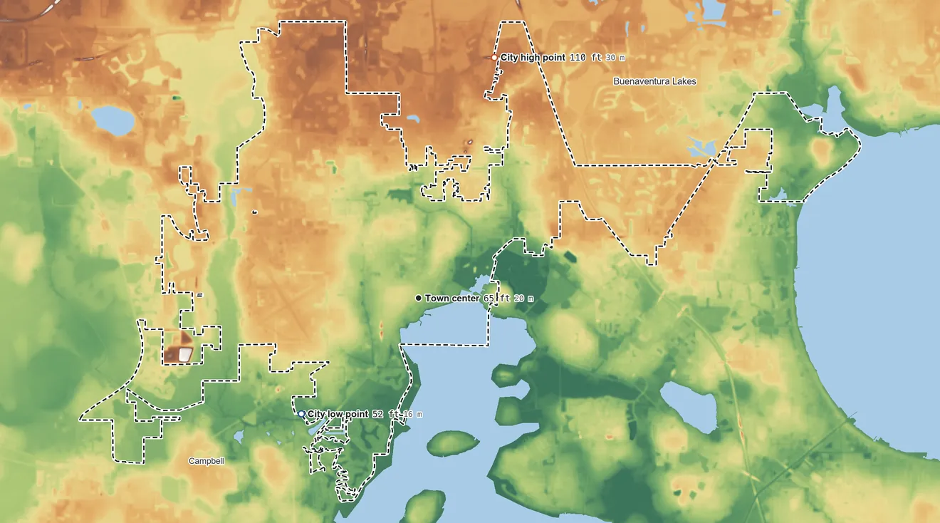 Topographic elevation map of Kissimmee, Florida, shaded from 52 ft on the southwest side to 110 ft on the north side