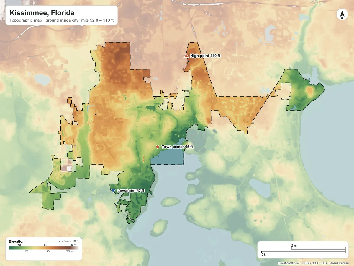 Topographic elevation map of Kissimmee, Florida, shaded from 52 ft on the southwest side to 110 ft on the north side