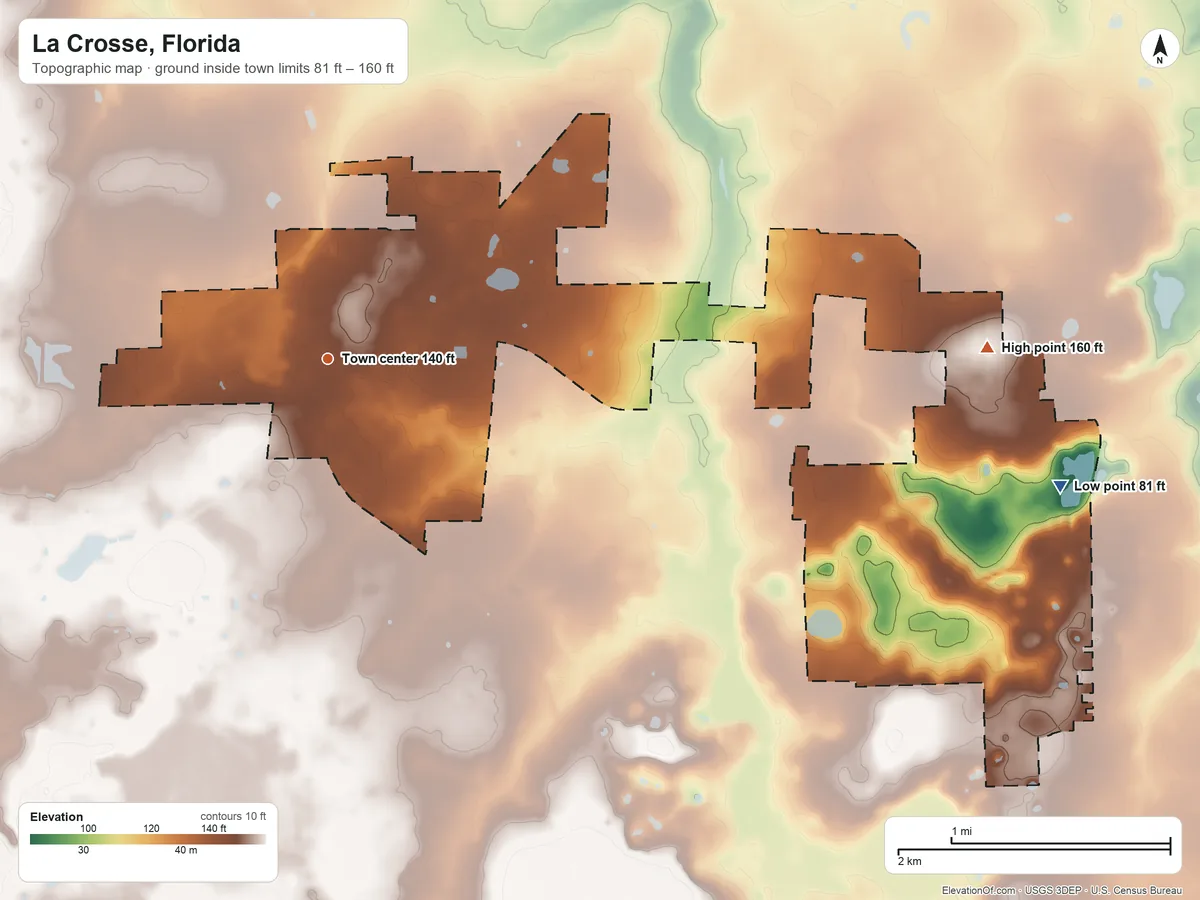 Topographic elevation map of La Crosse, Florida, shaded from 81 ft on the east side to 160 ft on the east side