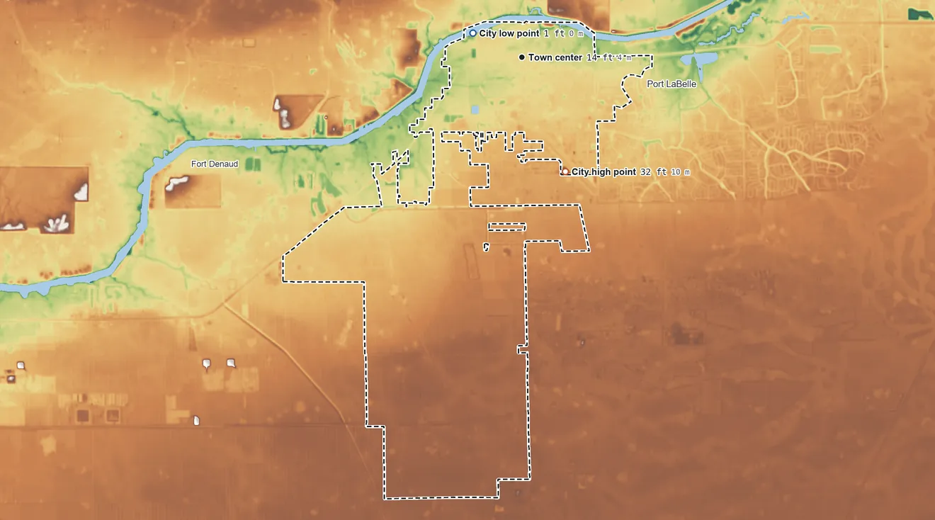 Topographic elevation map of LaBelle, Florida, shaded from 1 ft near the middle to 32 ft on the south side