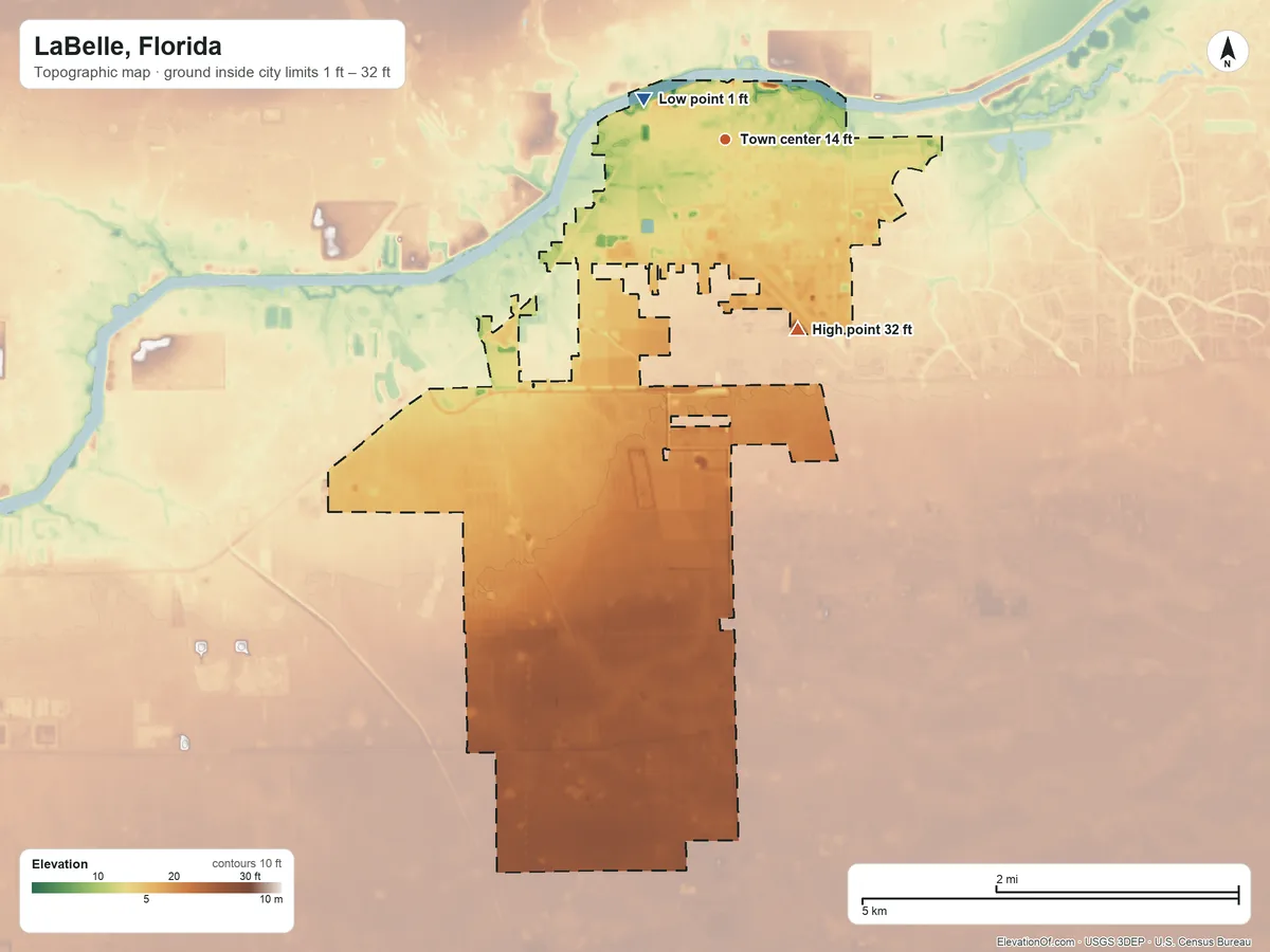 Topographic elevation map of LaBelle, Florida, shaded from 1 ft near the middle to 32 ft on the south side