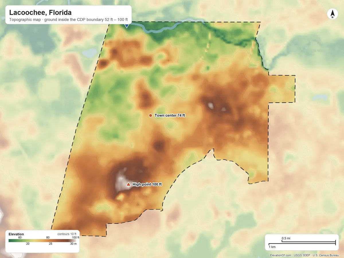 Topographic elevation map of Lacoochee, Florida, shaded from 52 ft on the north side to 100 ft on the south side