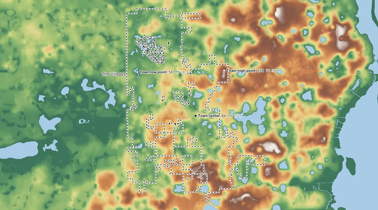 Topographic elevation map of Lady Lake, Florida, shaded from 58 ft on the northwest side to 170 ft on the northeast side