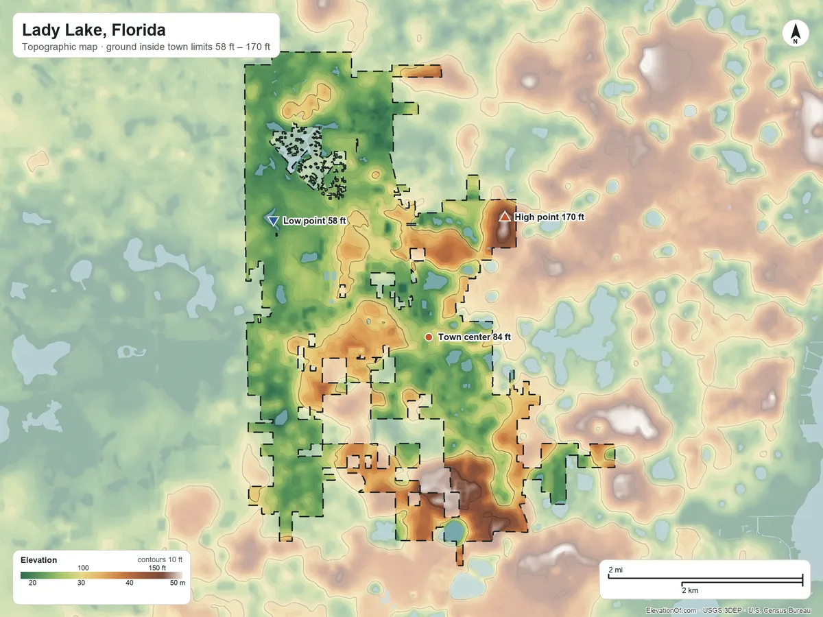 Topographic elevation map of Lady Lake, Florida, shaded from 58 ft on the northwest side to 170 ft on the northeast side