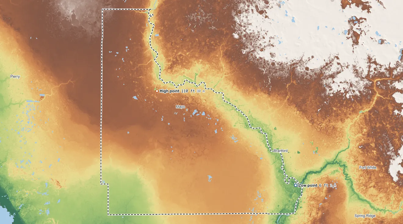 Topographic elevation map of Lafayette County, Florida, shaded from 6 ft on the southeast side to 110 ft on the northwest side