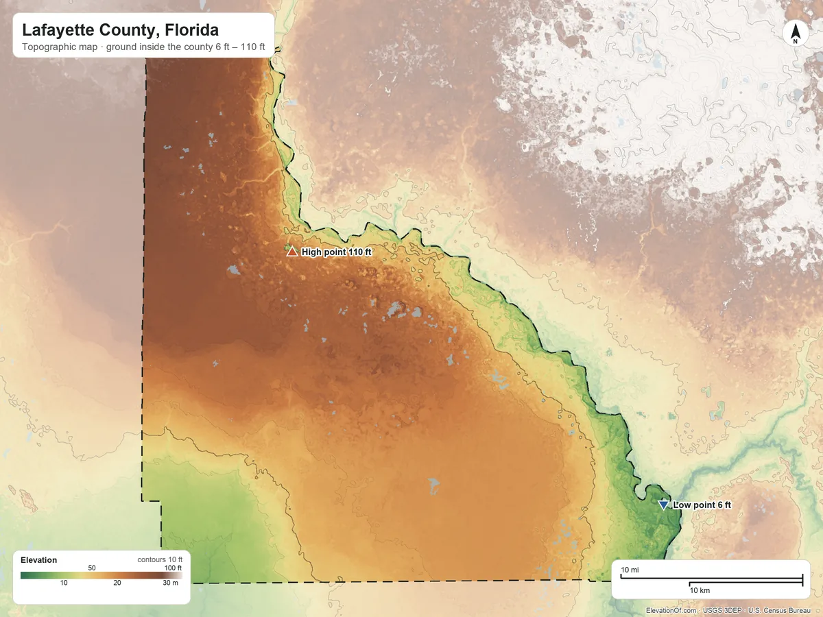 Topographic elevation map of Lafayette County, Florida, shaded from 6 ft on the southeast side to 110 ft on the northwest side