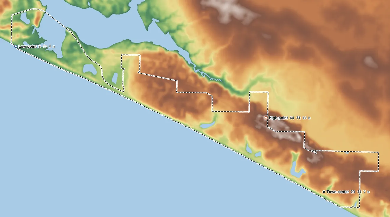 Topographic elevation map of Laguna Beach, Florida, shaded from sea level level on the Gulf of America to 44 ft on the northwest side