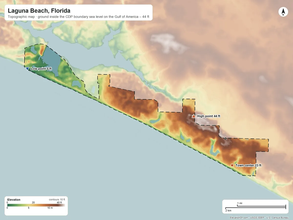 Topographic elevation map of Laguna Beach, Florida, shaded from sea level level on the Gulf of America to 44 ft on the northwest side
