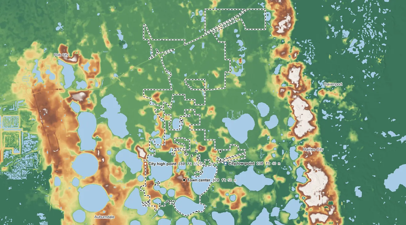 Topographic elevation map of Lake Alfred, Florida, shaded from 130 ft on the east side to 180 ft on the northwest side