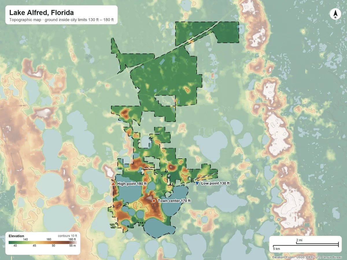 Topographic elevation map of Lake Alfred, Florida, shaded from 130 ft on the east side to 180 ft on the northwest side