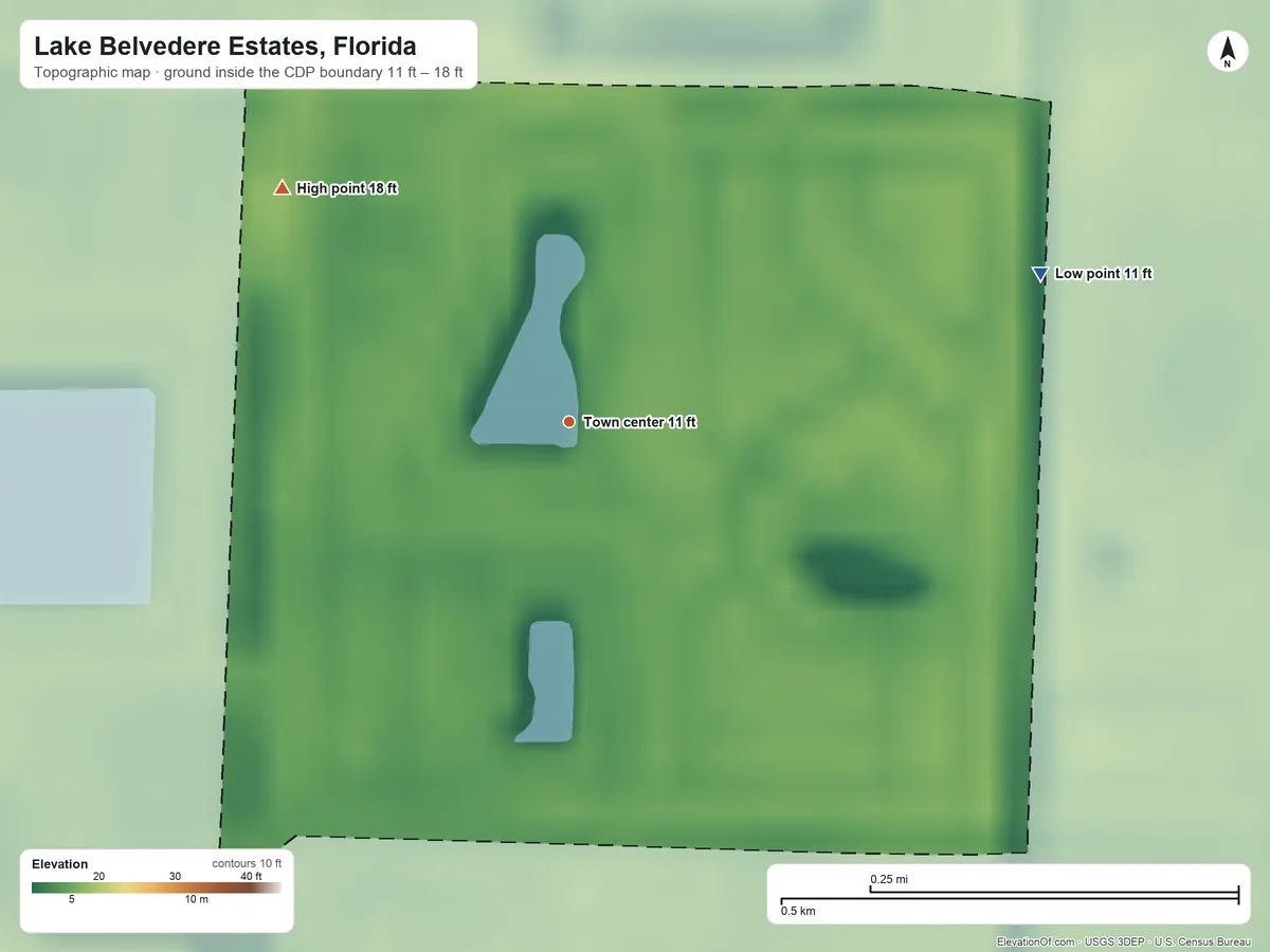 Topographic elevation map of Lake Belvedere Estates, Florida, shaded from 11 ft on the east side to 18 ft on the northwest side