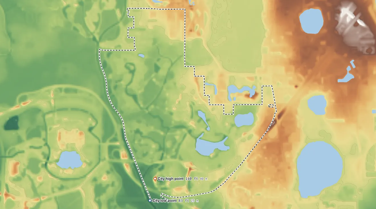 Topographic elevation map of Lake Buena Vista, Florida, shaded from 83 ft on the southwest side to 140 ft on the southwest side