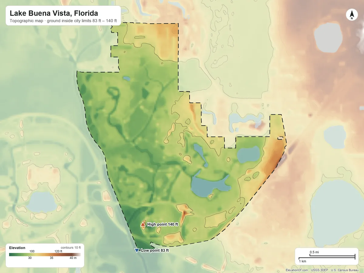 Topographic elevation map of Lake Buena Vista, Florida, shaded from 83 ft on the southwest side to 140 ft on the southwest side