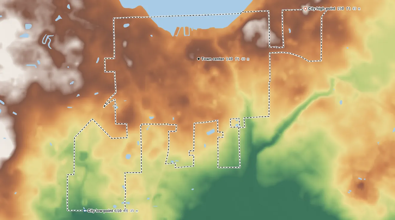 Topographic elevation map of City of Lake Butler, Florida, shaded from 110 ft on the southwest side to 150 ft on the northeast side