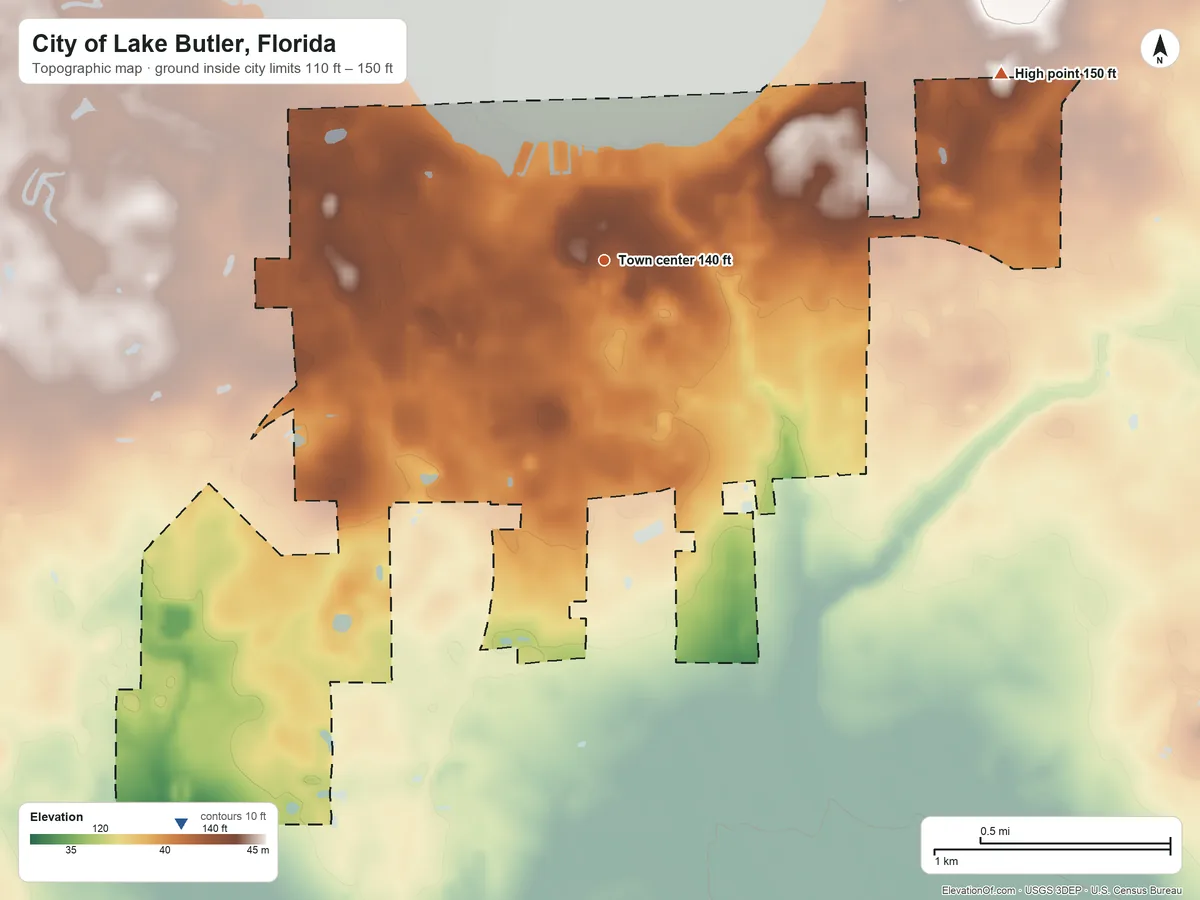 Topographic elevation map of City of Lake Butler, Florida, shaded from 110 ft on the southwest side to 150 ft on the northeast side