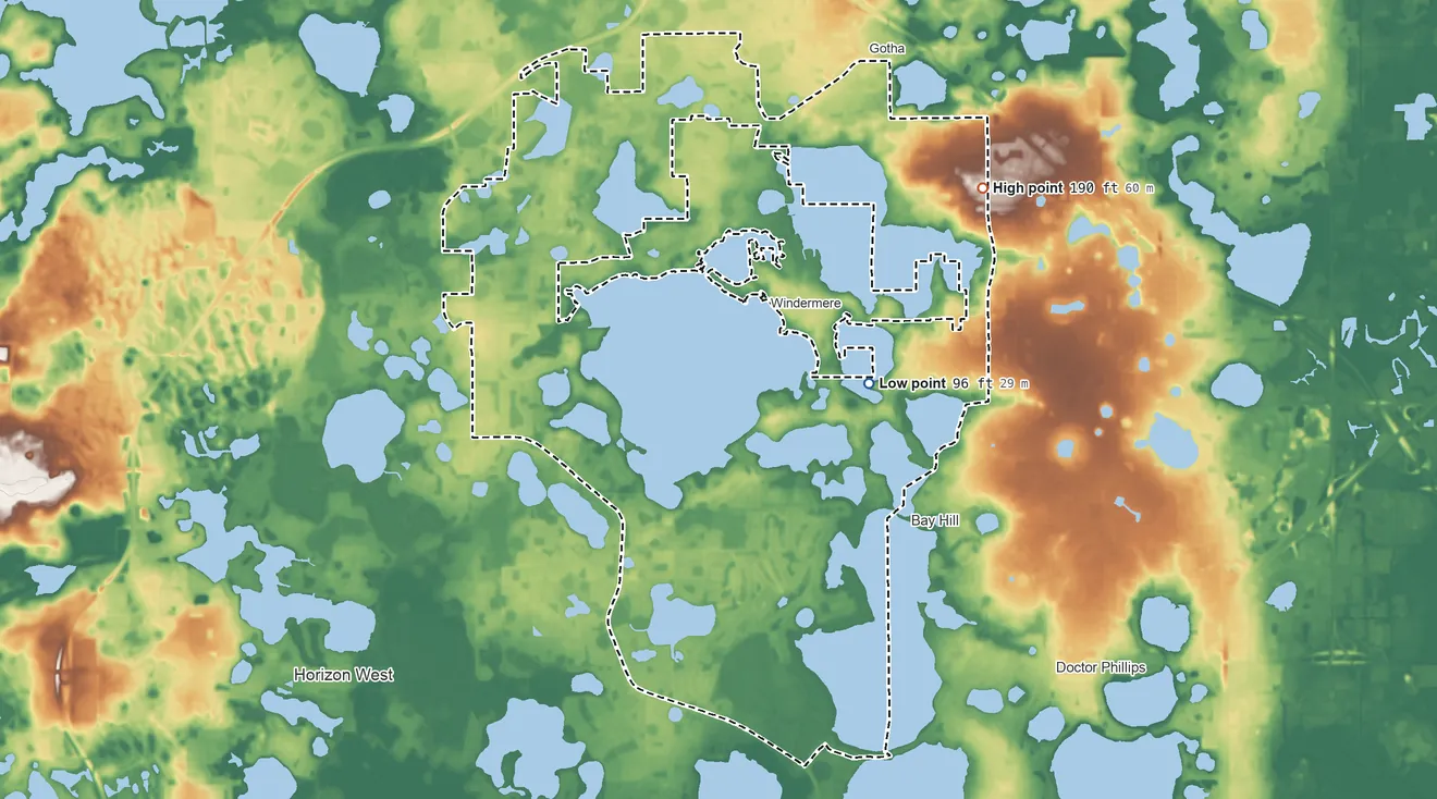 Topographic elevation map of Lake Butler, Florida, shaded from 96 ft on the east side to 190 ft on the northeast side