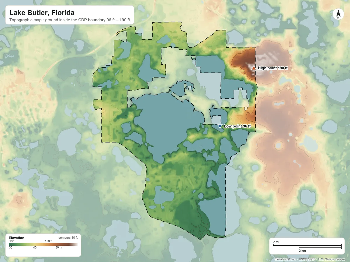 Topographic elevation map of Lake Butler, Florida, shaded from 96 ft on the east side to 190 ft on the northeast side