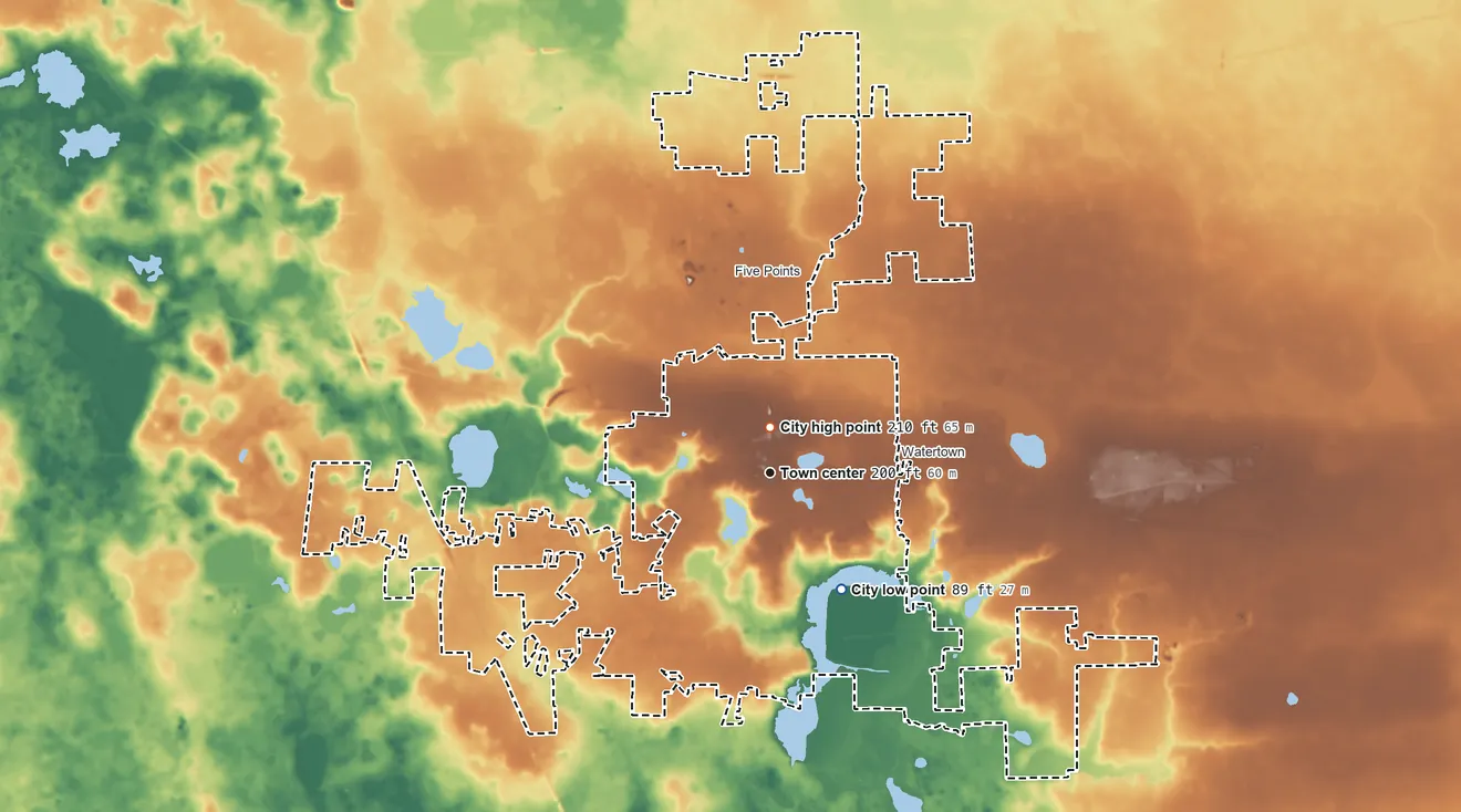 Topographic elevation map of Lake City, Florida, shaded from 89 ft on the southeast side to 210 ft near the middle