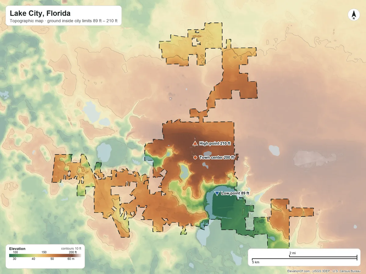 Topographic elevation map of Lake City, Florida, shaded from 89 ft on the southeast side to 210 ft near the middle